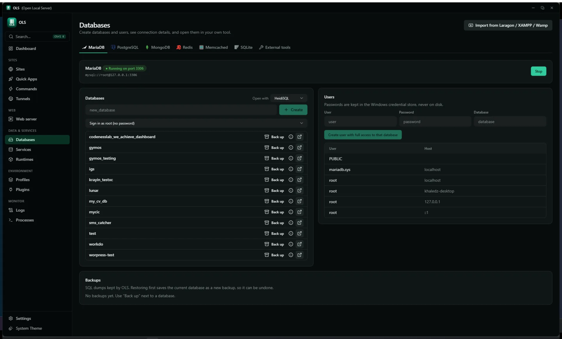 The Databases page showing engines with their data folders, database and user management, connection details, backup and restore, and links to external database tools.