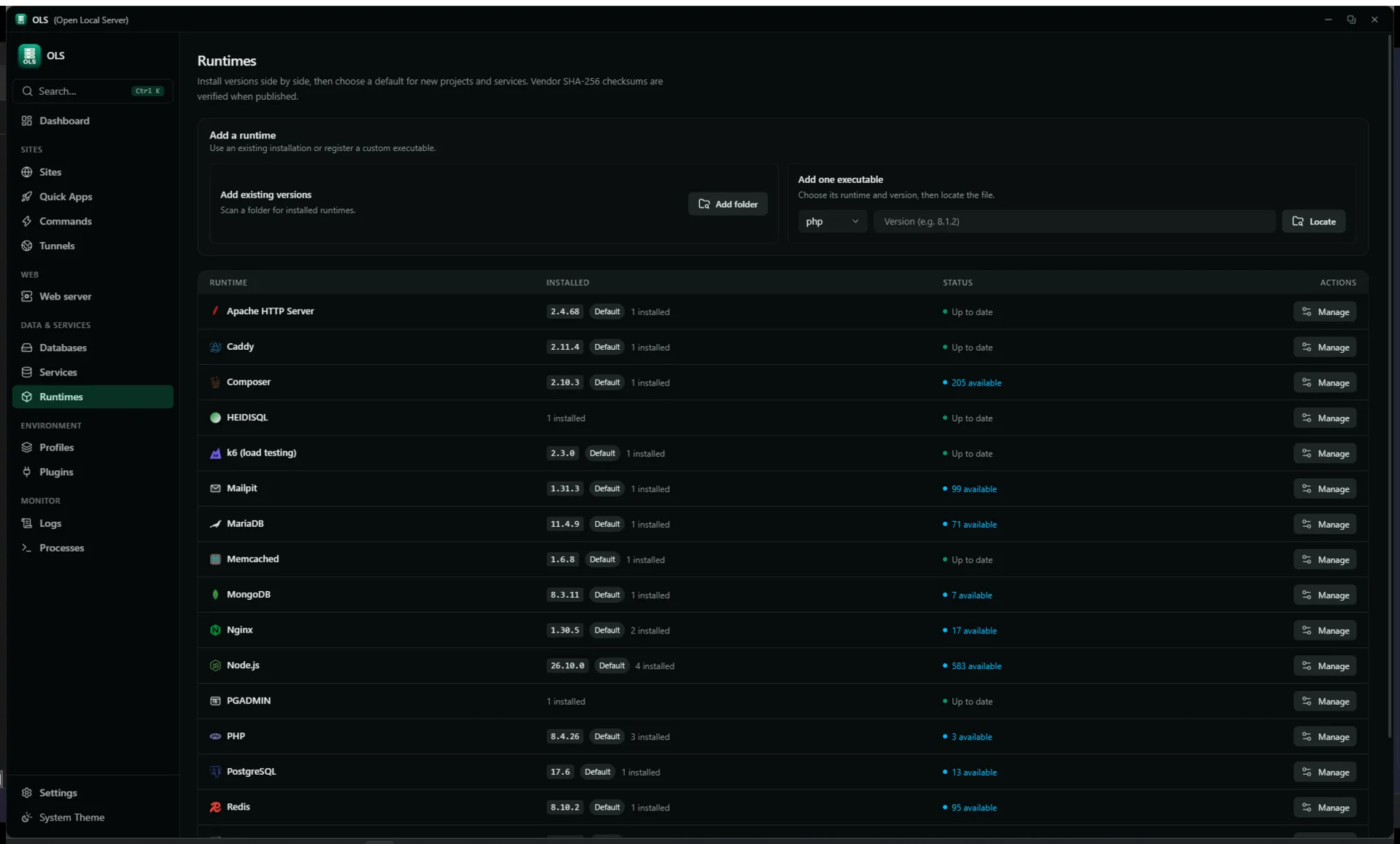 The Runtimes page listing Apache, Caddy, Composer, HeidiSQL, k6, Mailpit, MariaDB, Memcached, MongoDB, Nginx, Node.js, pgAdmin, PHP, PostgreSQL and Redis with installed versions, default badges and manage actions.