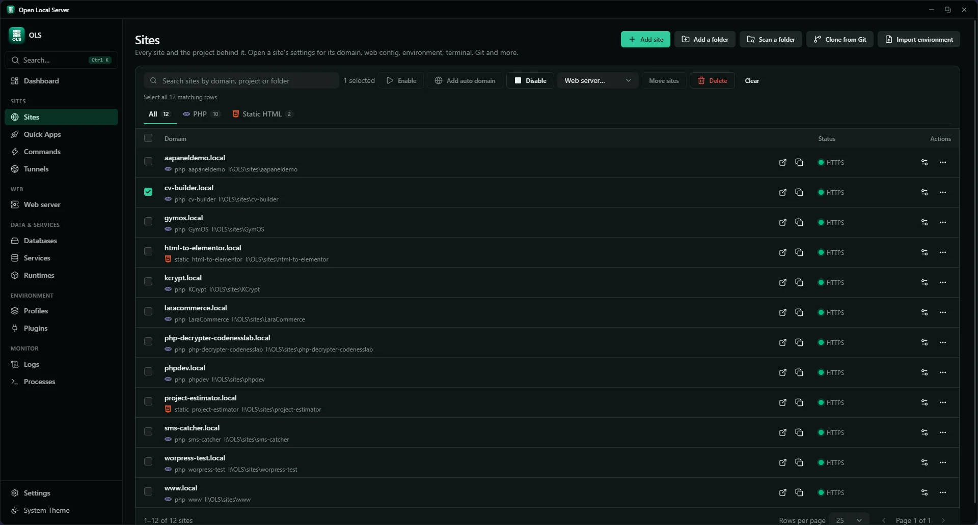 The Sites page: one table of sites and projects with a checkbox on every row, one row selected and a bulk bar offering Enable, Add auto domain, Disable, a web server dropdown with Move sites, Delete and Clear. Filters for all, PHP and static HTML, and rows-per-page and page controls at the foot of the table.