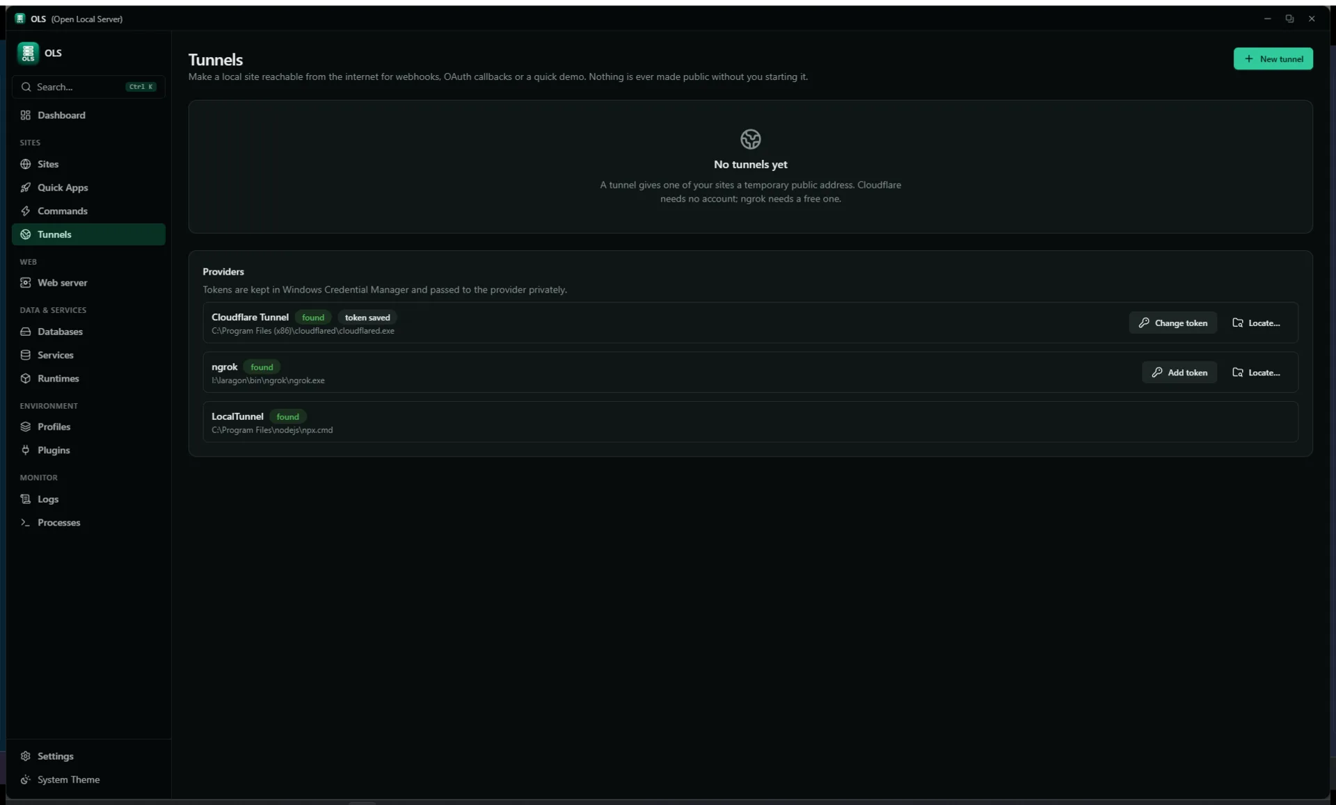 The Tunnels page: an empty state explaining that a tunnel gives a site a temporary public address, and a providers list showing Cloudflare, ngrok and LocalTunnel with the binary locations OLS found them at.