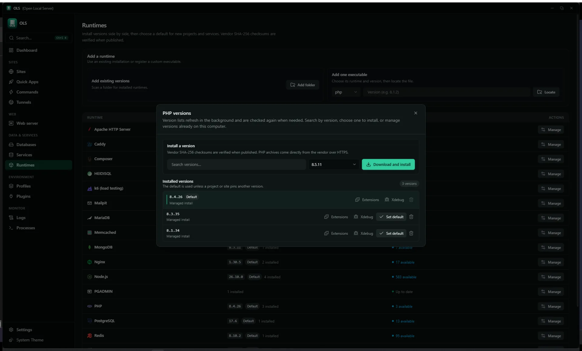 The PHP versions dialog: search and install a version, then the installed versions list with the default badge, per-version extensions, Xdebug, set default and remove.
