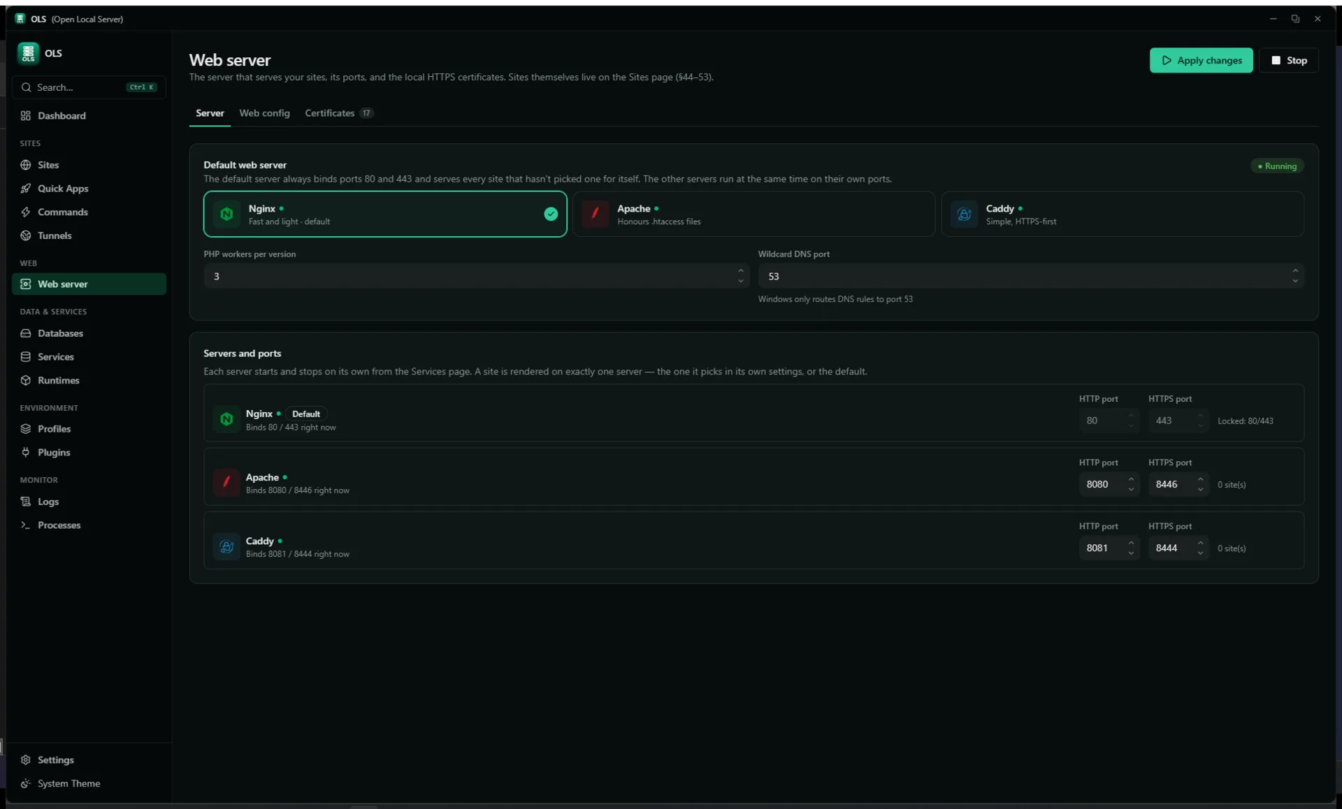 The Web server page showing the active engine, HTTP and HTTPS ports, one aligned row per server with site counts, and the generated configuration with validate and apply controls.